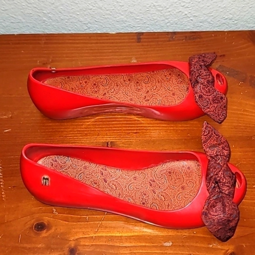 Melissa Ultra girl Paisley Bow Jelly Flats Youth 33/2 Red Peep Toe Ballet Shoes